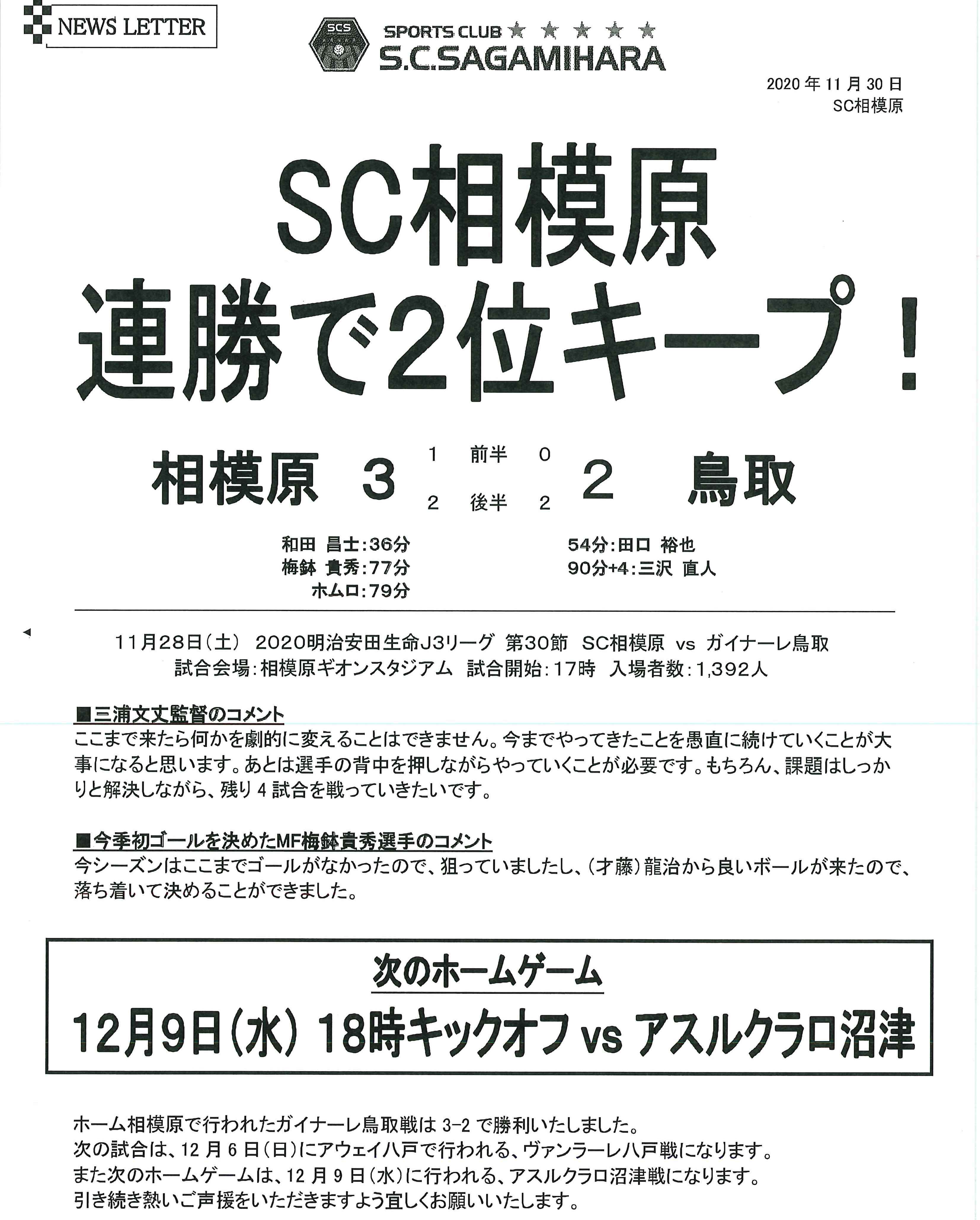 現在2位 J3リーグ第30節 Sc相模原3 2ガイナーレ鳥取 神奈川 東京の注文住宅のことなら朝日建設